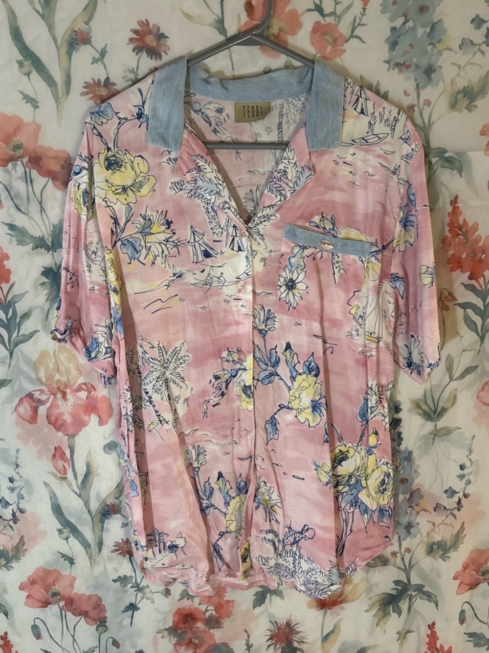 Vintage Teddi Pastel Pink Floral Camp Shirt with Light Blue Trim
